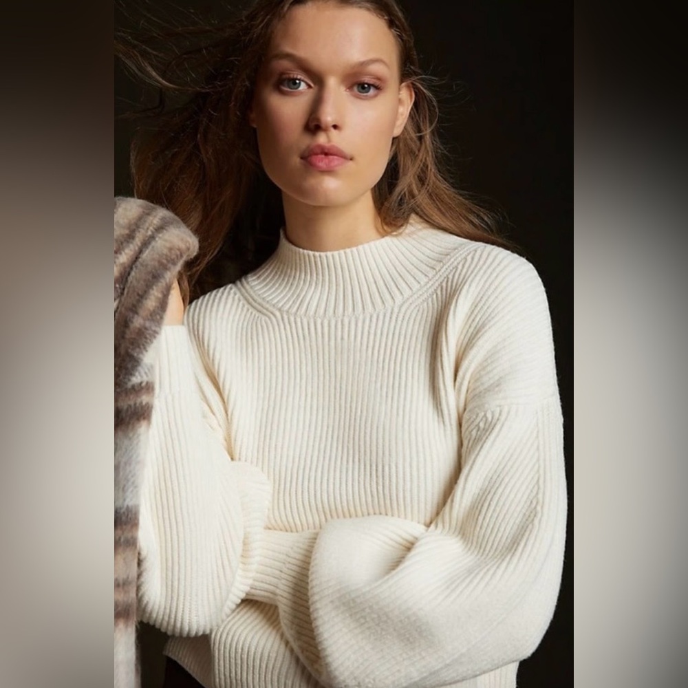 NWT Anthropologie Maeve Ivory Rib Knit Sweater, Mock Neck, Balloon Sleeves,Small - Picture 3 of 15